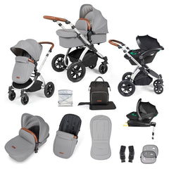 Ickle Bubba Stomp LUXE Travel System with Stratus Car Seat & ISOFIX Base (Silver/Pearl Grey/Tan) - showing the items included in this bundle