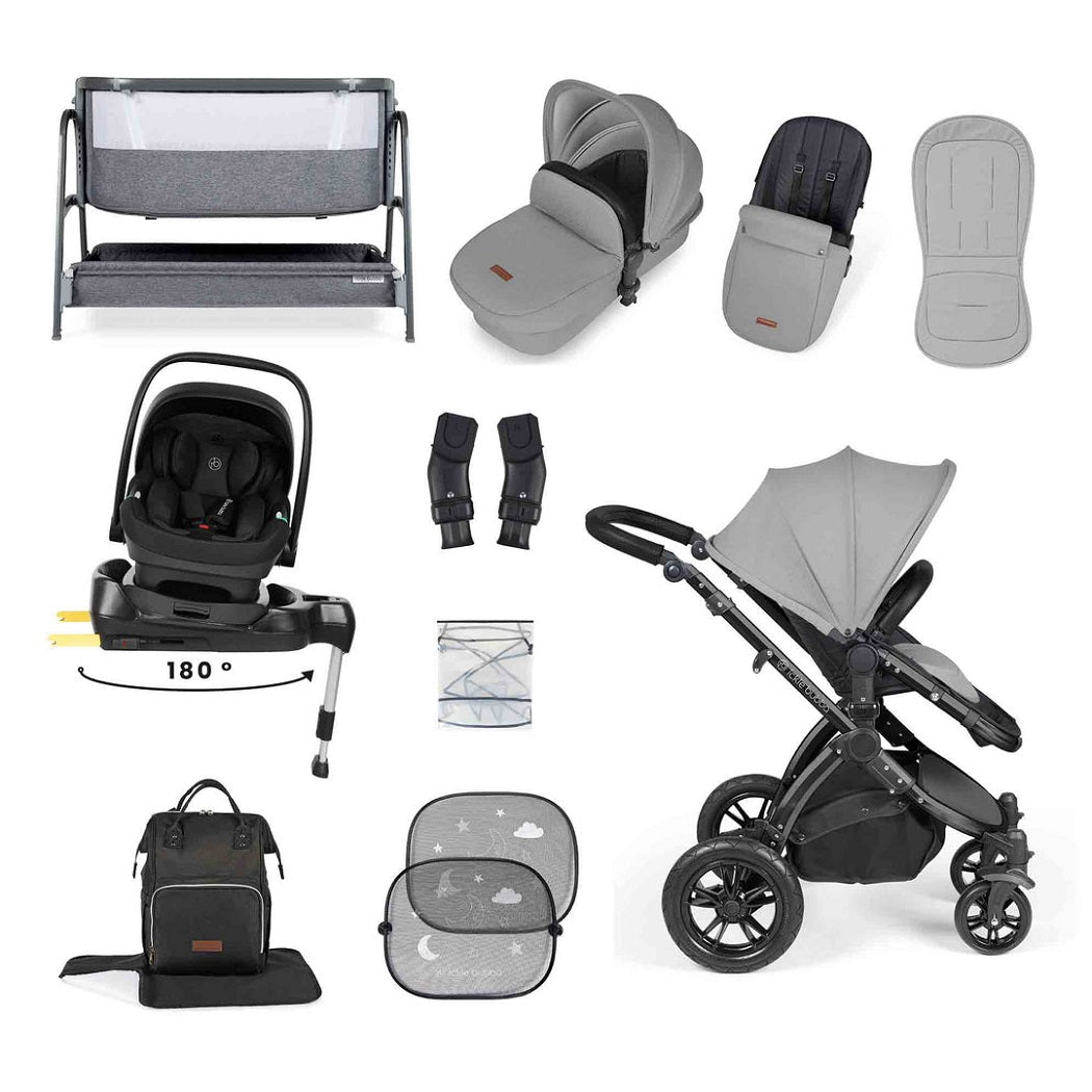 Ickle Bubba Stomp LUXE Travel System with Nimbus Spin i-Size Car Seat & ISOFIX Base plus Bubba&Me Crib - Black/Pearl Grey/Black