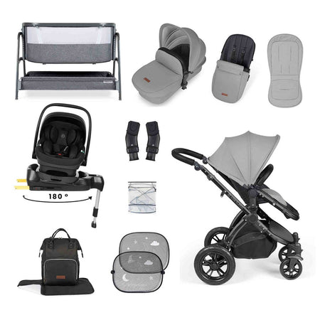 Ickle Bubba Stomp LUXE Travel System with Nimbus Spin i-Size Car Seat & ISOFIX Base plus Bubba&Me Crib - Black/Pearl Grey/Black