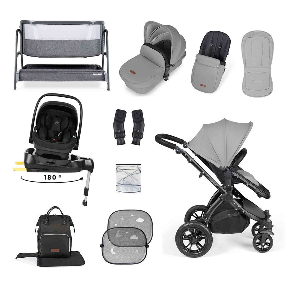 Ickle Bubba Stomp LUXE Travel System with Nimbus Spin i-Size Car Seat & ISOFIX Base plus Bubba&Me Crib - Black/Pearl Grey/Black