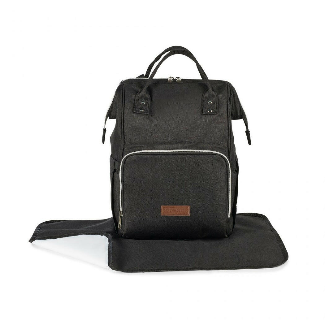 Ickle Bubba Stomp LUXE Travel System - Black/Woodland/Black - showing the included rucksack changing bag with changing mat