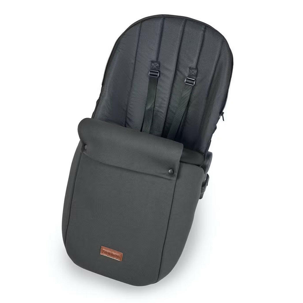Ickle Bubba Stomp LUXE Travel System with Cirrus Car Seat & ISOFIX Base - Black/Charcoal/Black - showing the included matching footmuff
