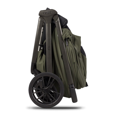Venicci Tila Pushchair - Olive - side view folded with carrycot