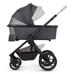 Venicci Tinum EDGE 3-in-1 Travel System with ISOFIX Base (Charcoal) - showing some of the pram`s features including the ventilation panels and adjustable handlebar