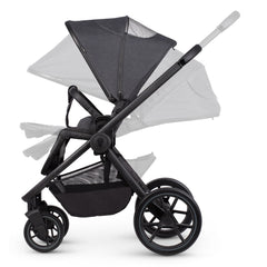 Venicci Tinum EDGE 3-in-1 Travel System with ISOFIX Base (Charcoal) - showing some of the pushchair`s features including its extendable hood, reclining seat back, adjustable leg rest and adjustable handlebar