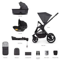 Venicci Tinum EDGE 3-in-1 Travel System with ISOFIX Base (Charcoal) - showing the items included in this bundle