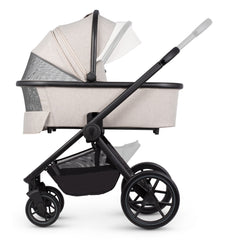 Venicci Tinum EDGE 3-in-1 Travel System with ISOFIX Base (Dust) - showing some of the pram`s features including the ventilation panels and adjustable handlebar