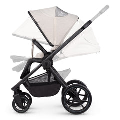 Venicci Tinum EDGE 3-in-1 Travel System with ISOFIX Base (Dust) - showing some of the pushchair`s features including its extendable hood, reclining seat back, adjustable leg rest and adjustable handlebar