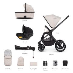 Venicci Tinum EDGE 3-in-1 Travel System with ISOFIX Base (Dust) - showing the items included in this bundle 