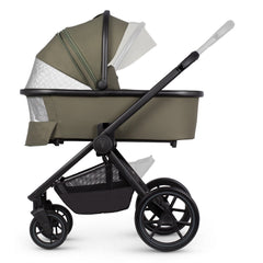 Venicci Tinum EDGE 3-in-1 Travel System with ISOFIX Base (Moss) - showing some of the pram`s features including the ventilation panels and adjustable handlebar