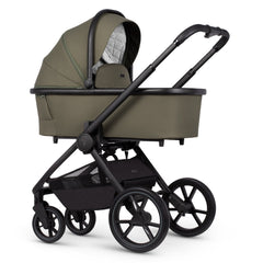 Venicci Tinum EDGE 3-in-1 Travel System with ISOFIX Base (Moss) - showing the carrycot and chassis together as the pram