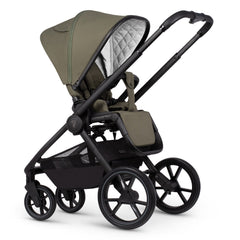 Venicci Tinum EDGE 3-in-1 Travel System with ISOFIX Base (Moss) - showing the seat unit and chassis together as the pushchair in parent-facing mode