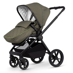 Venicci Tinum EDGE 3-in-1 Travel System with ISOFIX Base (Moss) - showing the pushchair in forward-facing mode with the included footmuff