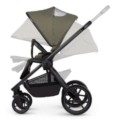 Venicci Tinum EDGE 3-in-1 Travel System with ISOFIX Base (Moss) - showing some of the pushchair`s features including its extendable hood, reclining seat back, adjustable leg rest and adjustable handlebar