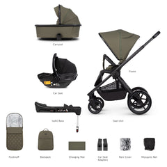 Venicci Tinum EDGE 3-in-1 Travel System with ISOFIX Base (Moss) - showing the items included in this bundle