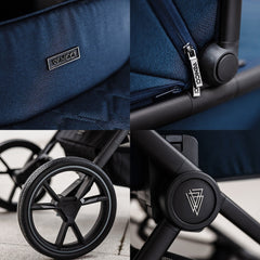 Venicci Tinum EDGE 3-in-1 Travel System with ISOFIX Base (Ocean) - showing the EDGE`s Venicci branding, embossed zip pulls and stylish wheels