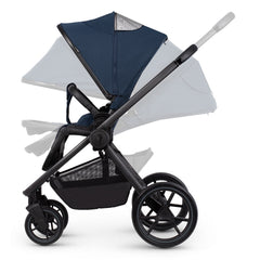 Venicci Tinum EDGE 3-in-1 Travel System with ISOFIX Base (Ocean) - showing some of the pushchair`s features including its extendable hood, reclining seat back, adjustable leg rest and adjustable handlebar