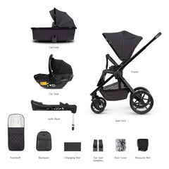 Venicci Tinum EDGE 3-in-1 Travel System with ISOFIX Base (Raven) - showing the items included in this bundle