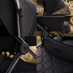 Venicci Tinum EDGE 3-in-1 Travel System with ISOFIX Base (Raven) - showing some of the Edge`s features including the hood`s UV50 protection, the ventilation panels, Venicci branding and stylish black fabric