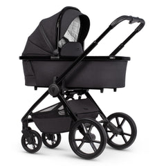 Venicci Tinum EDGE 3-in-1 Travel System with ISOFIX Base (Raven) - showing the carrycot and chassis together as the pram