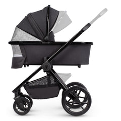 Venicci Tinum EDGE 3-in-1 Travel System with ISOFIX Base (Raven) - showing some of the pram`s features including the ventilation panels, extendable hood and adjustable handlebar