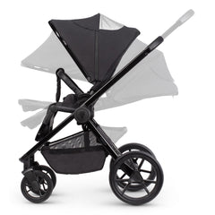 Venicci Tinum EDGE 3-in-1 Travel System with ISOFIX Base (Raven) - showing some of the pushchair`s features including its extendable hood, reclining seat back, adjustable leg rest and adjustable handlebar
