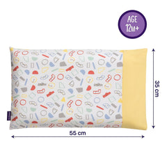 ClevaMama Replacement Toddler Pillow Case Cover (Yellow Multi) - showing the pillow case`s dimensions (when flat)