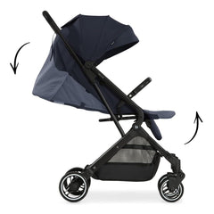 Hauck Travel N Care Stroller (Navy Blue) - side view, showing the stroller`s adjustable hood, leg rest and seat back