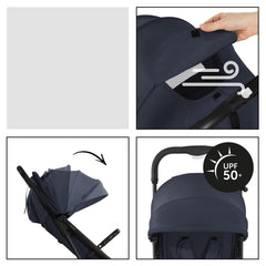 Hauck Travel N Care Stroller (Navy Blue) - showing the hood`s ventilation panel and UPF50+ protection