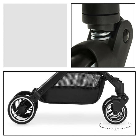 Hauck Travel N Care Stroller (Navy Blue) - showing the stroller`s suspension and swivelling front wheels