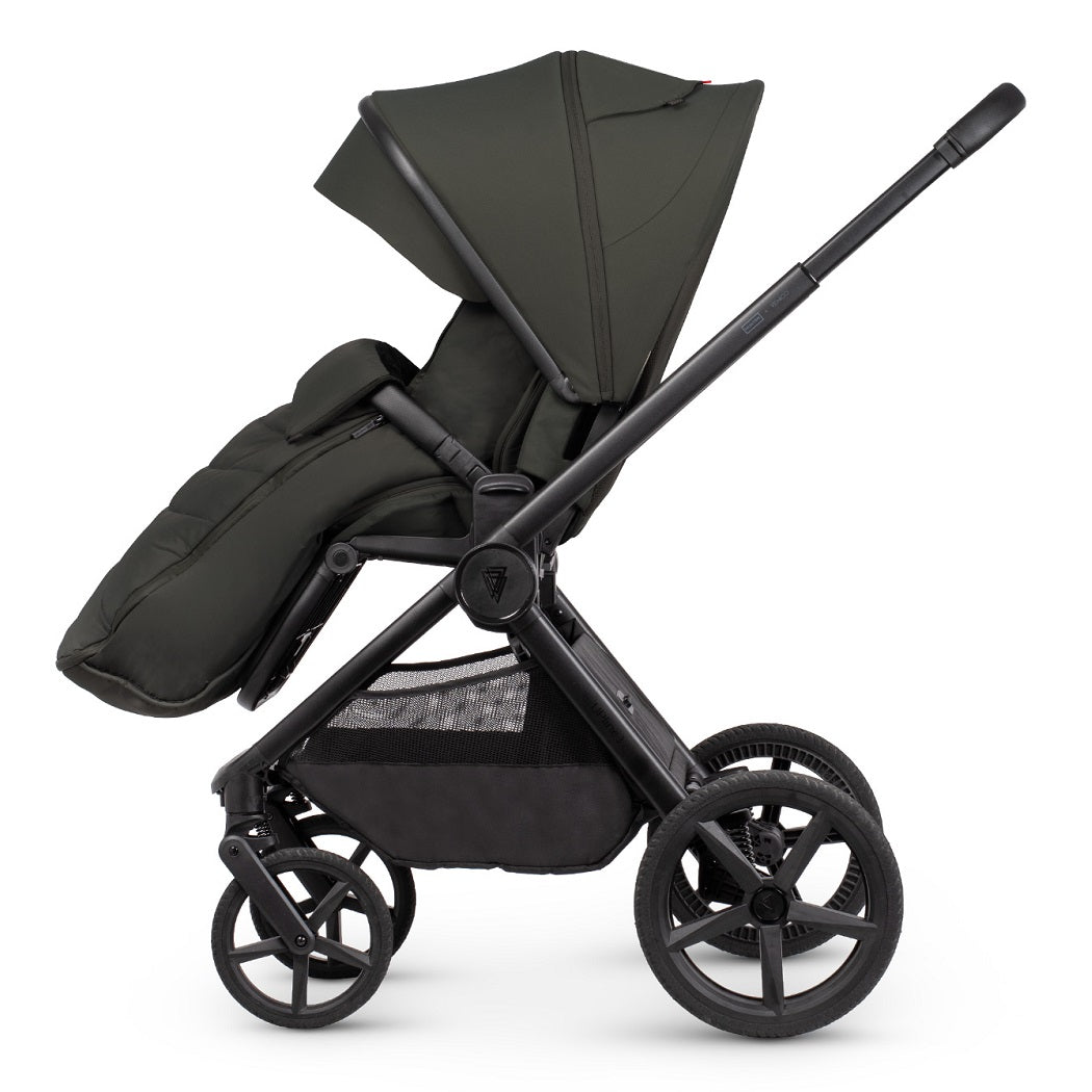 Hunter x Venicci Upline 3 Pushchair - Dark Olive - side view, forward-facing with footmuff