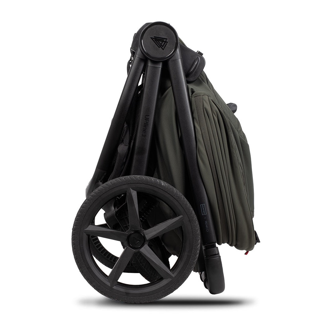 Hunter x Venicci Upline 3 Pram - Dark Olive - side view, folded