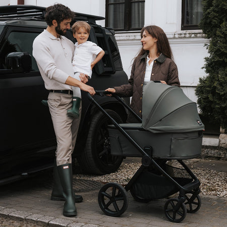 Hunter x Venicci Upline 3 Pram - Dark Olive - lifestyle image