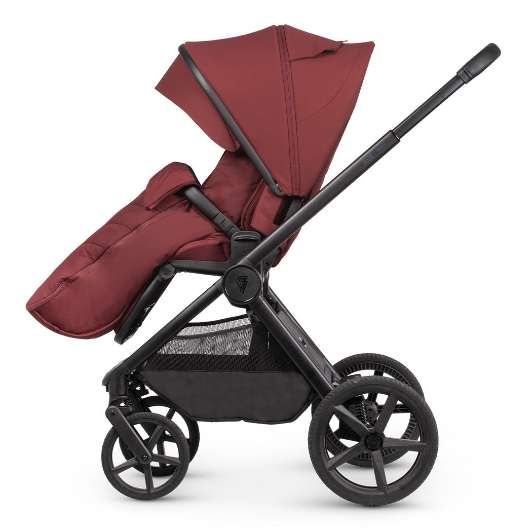Hunter x Venicci Upline 3 Pushchair - Red - side view, forward-facing with footmuff