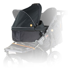 Out n About Nipper Double v5 Carrycot (Forest Black) - showing one double v5 carrycot attached to a Nipper Double v5 pushchair (requires adaptors, available separately)