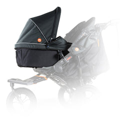 Out n About Nipper Double v5 Carrycot (Forest Black) - side view, showing one double v5 carrycot attached to a Nipper Double v5 (requires adaptors, available separately)