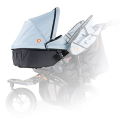 Out n About Nipper Double v5 Carrycot (Rocksalt Grey) - side view, showing two double v5 carrycots attached to a v5 double pushchair (requires adaptors, available separately) 