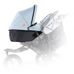 Out n About Nipper Double v5 Carrycot (Rocksalt Grey) - side view, showing one double v5 carrycot attached to a Nipper Double v5 (requires adaptors, available separately)