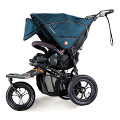 Out n About Nipper DOUBLE v5 Baby Pushchair (Highland Blue) - side view, shown here with one hood extended and its sun visor lowered