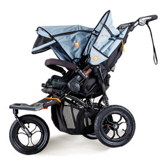 Out n About Nipper DOUBLE v5 Baby Pushchair (Rocksalt Grey) - side view, shown here with one hood extended and sun mesh visor lowered