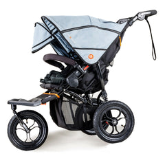 Out n About Nipper DOUBLE v5 Baby Pushchair (Rocksalt Grey) - side view, shown here with one hood extended and sun visor lowered