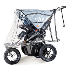 Out n About Nipper DOUBLE v5 Newborn & Toddler Starter Bundle (Rocksalt Grey) - showing the v5 double pushchair wearing the included raincover
