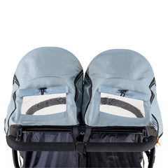 Out n About Nipper DOUBLE v5 Baby Pushchair (Rocksalt Grey) - rear view, showing the peek-a-boo windows in each hood