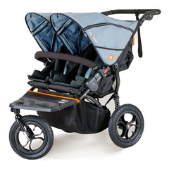 Out n About Nipper DOUBLE v5 Newborn & Toddler Starter Bundle (Rocksalt Grey) - showing the v5 double pushchair with its canopies raised