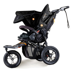 Out n About Nipper DOUBLE v5 Baby Pushchair (Summit Black) - side view, shown here with one hood extended and sun mesh visor lowered