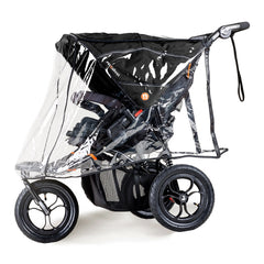 Out n About Nipper DOUBLE v5 Baby Pushchair (Summit Black) - side view, showing the pushchair wearing the included raincover