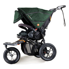 Out n About Nipper DOUBLE v5 Baby Pushchair (Sycamore Green) - side view, shown here with one hood extended and its sun visor lowered
