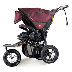 Out n About Nipper DOUBLE v5 Baby Pushchair (Brambleberry Red) - side view, shown here with one hood extended and its sun visor lowered
