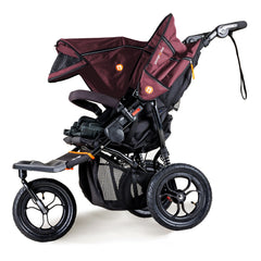 Out n About Nipper DOUBLE v5 Baby Pushchair (Brambleberry Red) - side view, shown here with one hood extended and one hood lowered