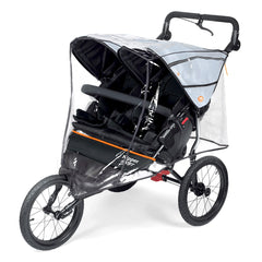 Out n About Nipper Sport DOUBLE v5 Pushchair (Rocksalt Grey) - showing the pushchair wearing the included rain cover